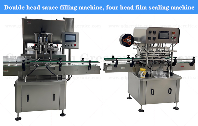 Double head sauce filling machine, four head film sealing machine production line